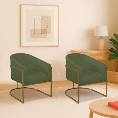 Kit 2 Poltronas Decorativa Jade Moderno Escritório Confortável Luxo Base De Ferro Dourado Linho Verde