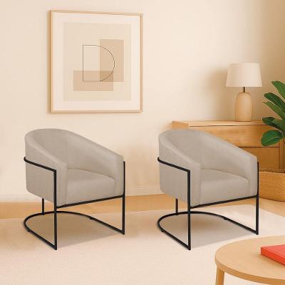 Kit 2 Poltronas Decorativa Jade Moderno Escritório Confortável Luxo Base De Ferro Preto Linho Bege