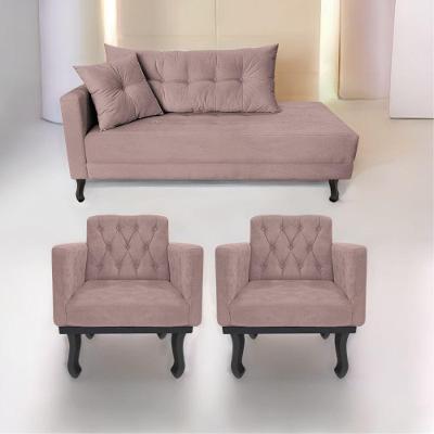 Kit Diva Recamier Azura 185cm Lado Direito e 02 Poltronas Classic Linho Rosê