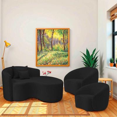 Kit Recamier Curvo Sala De Estar Inglaterra 180cm Lado Direito E 2 Poltronas Orgânica Luxo Amore Bouclé Preto
