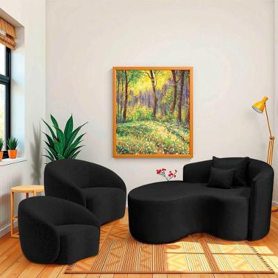 Kit Recamier Curvo Sala De Estar Inglaterra 150cm Lado Esquerdo E 2 Poltronas Orgânica Luxo Amore Linho Preto