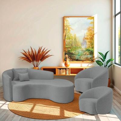 Kit Recamier Curvo Sala De Estar Inglaterra 200cm Lado Direito E 2 Poltronas Orgânica Luxo Amore Bouclé Cinza