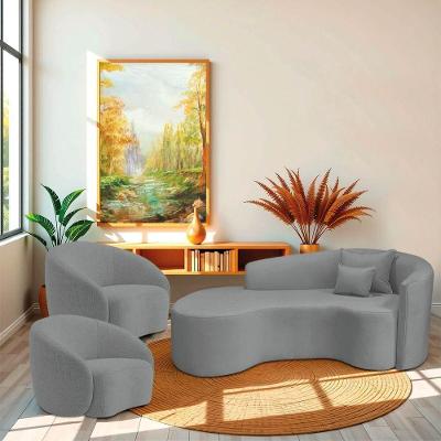 Kit Recamier Curvo Sala De Estar Inglaterra 200cm Lado Esquerdo E 2 Poltronas Orgânica Luxo Amore Bouclé Cinza
