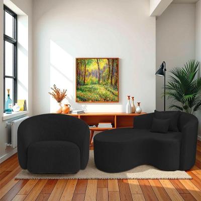 Kit Recamier Curvo Sala De Estar Inglaterra 150cm Lado Esquerdo E Poltrona Orgânica Luxo Amore Bouclé Preto