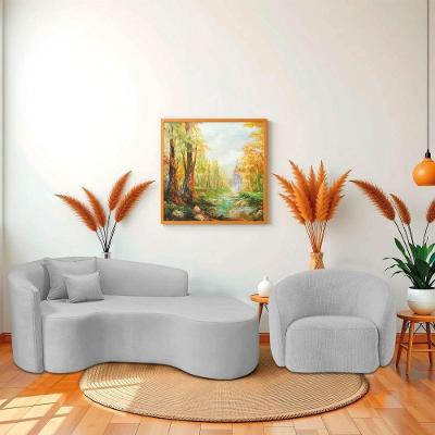 Kit Recamier Curvo Sala De Estar Inglaterra 200cm Lado Direito E Poltrona Orgânica Luxo Amore Linho Cinza Claro