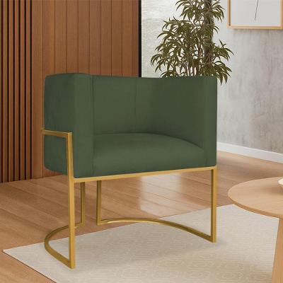 Poltrona Dália Luxo Moderna Estofada Design Sofisticado Com Base De Ferro Dourado Linho Verde