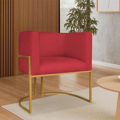 Poltrona Dália Luxo Moderna Estofada Design Sofisticado Com Base De Ferro Dourado Suede Vermelho