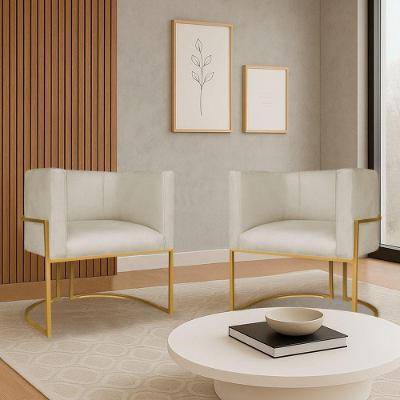 Kit 2 Poltronas Dália Luxo Moderna Estofada Design Sofisticado Com Base De Ferro Dourado Suede Bege