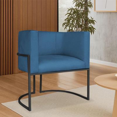 Poltrona Dália Luxo Moderna Estofada Design Sofisticado Com Base De Ferro Preto Linho Azul Royal