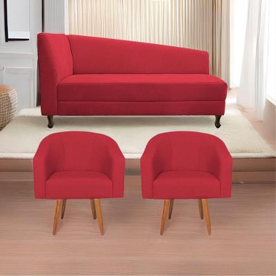 Kit Diva Recamier Heitor 140cm Lado Esquerdo e 02 Poltronas Luiza Suede Vermelho