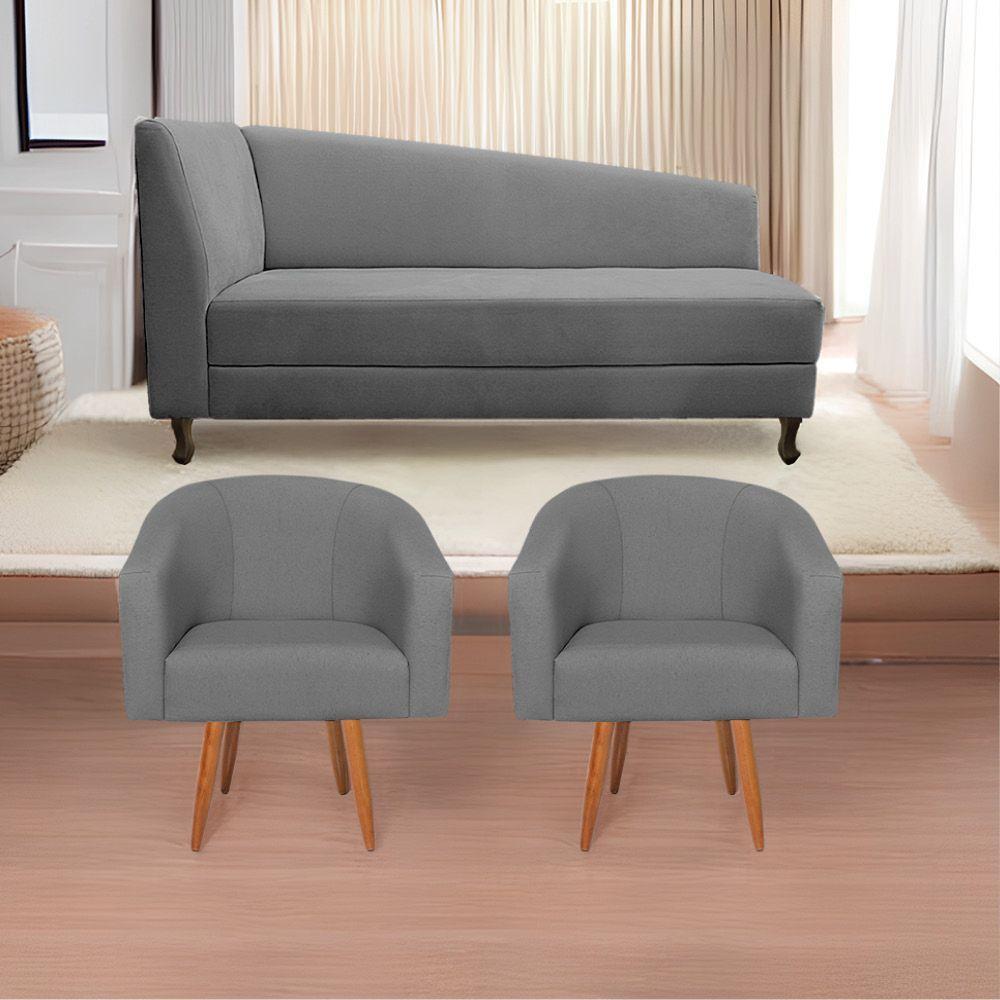 Kit Diva Recamier Heitor 140cm Lado Esquerdo e 02 Poltronas Luiza Suede Cinza - 1
