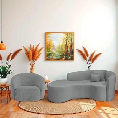 Kit Recamier Curvo Sala De Estar Inglaterra 200cm Lado Esquerdo E Poltrona Orgânica Luxo Amore Bouclé Cinza