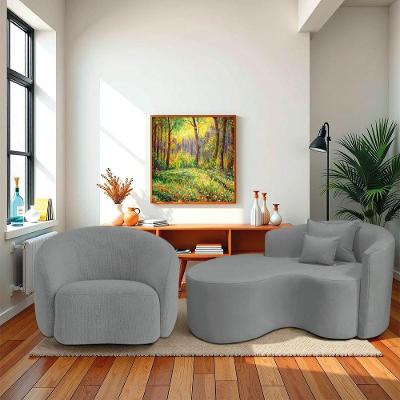 Kit Recamier Curvo Sala De Estar Inglaterra 150cm Lado Esquerdo E Poltrona Orgânica Luxo Amore Bouclé Cinza