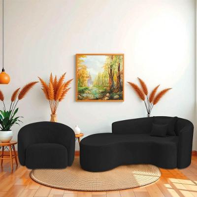 Kit Recamier Curvo Sala De Estar Inglaterra 200cm Lado Esquerdo E Poltrona Orgânica Luxo Amore Bouclé Preto