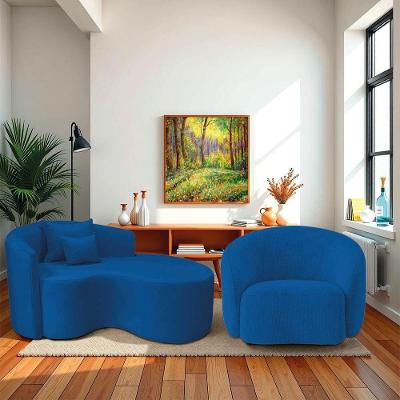 Kit Recamier Curvo Sala De Estar Inglaterra 150cm Lado Direito E Poltrona Orgânica Luxo Amore Linho Azul Royal