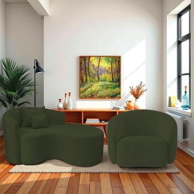 Kit Recamier Curvo Sala De Estar Inglaterra 150cm Lado Direito E Poltrona Orgânica Luxo Amore Linho Verde