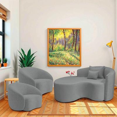 Kit Recamier Curvo Sala De Estar Inglaterra 150cm Lado Esquerdo E 2 Poltronas Orgânica Luxo Amore Bouclé Cinza