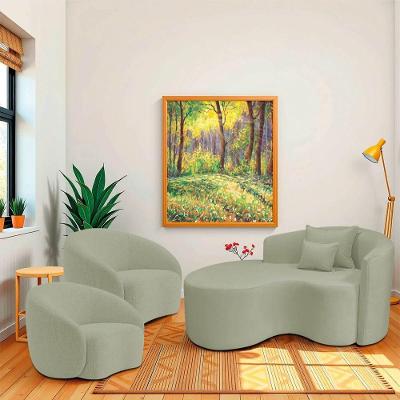 Kit Recamier Curvo Sala De Estar Inglaterra 150cm Lado Esquerdo E 2 Poltronas Orgânica Luxo Amore Bouclé Verde Oliva