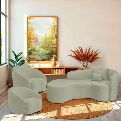 Kit Recamier Curvo Sala De Estar Inglaterra 180cm Lado Esquerdo E 2 Poltronas Orgânica Luxo Amore Bouclé Verde Oliva