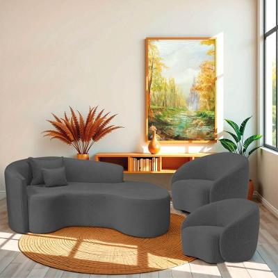 Kit Recamier Curvo Sala De Estar Inglaterra 180cm Lado Direito E 2 Poltronas Orgânica Luxo Amore Linho Cinza Escuro