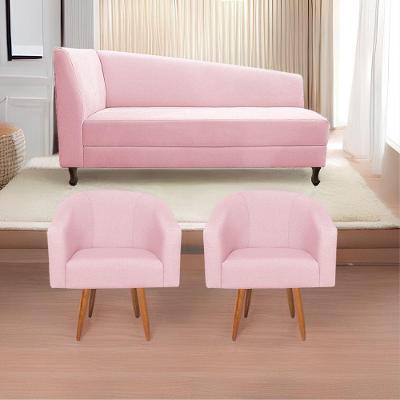 Kit Diva Recamier Heitor 140cm Lado Direito e 02 Poltronas Luiza Suede Rosa Bebê
