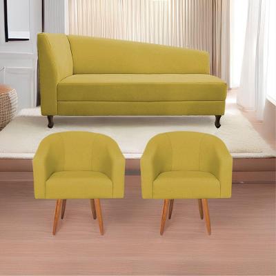 Kit Diva Recamier Heitor 140cm Lado Direito e 02 Poltronas Luiza Suede Amarelo