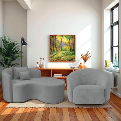 Kit Recamier Curvo Sala De Estar Inglaterra 150cm Lado Direito E Poltrona Orgânica Luxo Amore Bouclé Cinza
