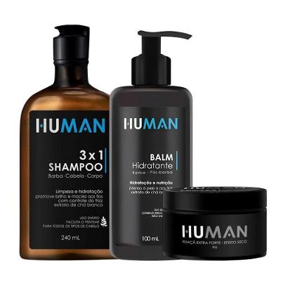 Kit Shampoo 3×1 E Creme Balm Pós Barba Com Pomada Modeladora Matte Seco Extra Forte Human 50g