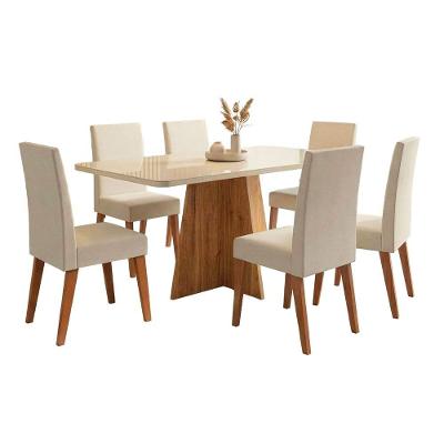 Conjunto Sala De Jantar Mesa 1,60m Com Vidro Anjos 6 Cadeiras Linho Milano Viero Madeirado - Creme