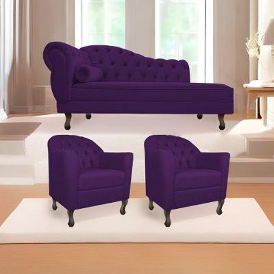 Kit Diva Recamier Diana 185cm Lado Direito e 02 Poltronas Julia Suede Roxo