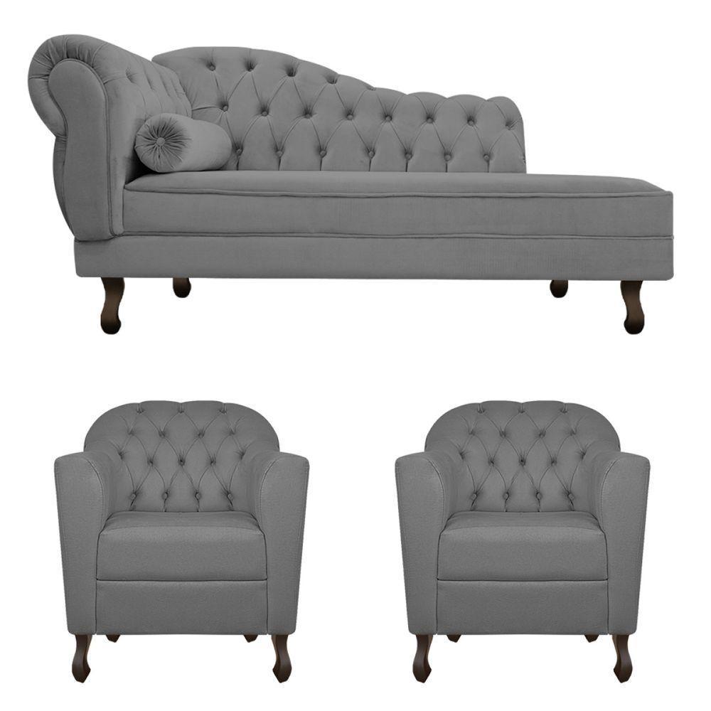Kit Diva Recamier Diana 185cm Lado Direito e 02 Poltronas Julia Suede Cinza - 6