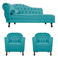 Kit Diva Recamier Diana 185cm Lado Direito e 02 Poltronas Julia Suede Azul Turquesa - 6
