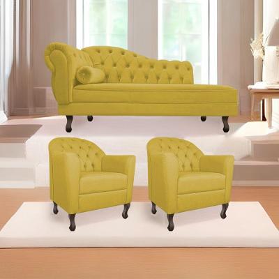 Kit Diva Recamier Diana 185cm Lado Direito e 02 Poltronas Julia Suede Amarelo