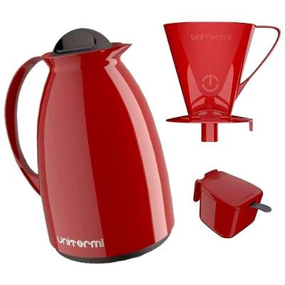 Garrafa De Cafe Termica Kit Com Açucareiro Com Colher E Suporte Para Filtro Vermelha