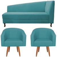 Kit Diva Recamier Heitor 185cm Lado Esquerdo e 02 Poltronas Luiza Suede Azul Turquesa - 6