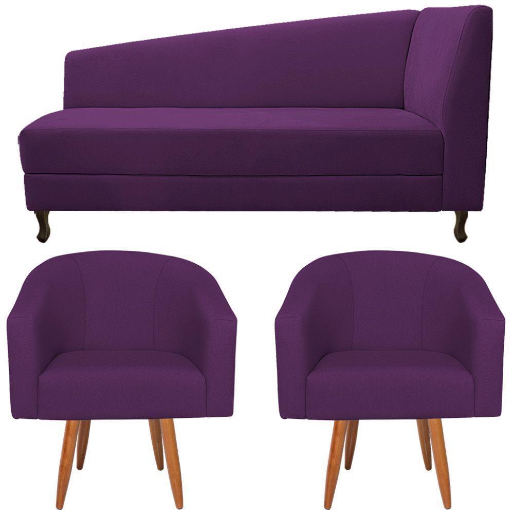 Kit Diva Recamier Heitor 185cm Lado Esquerdo e 02 Poltronas Luiza Suede Roxo - 6