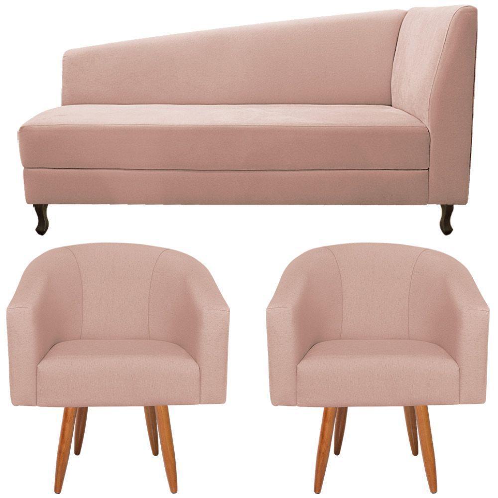 Kit Diva Recamier Heitor 185cm Lado Esquerdo e 02 Poltronas Luiza Suede Rosê - 7