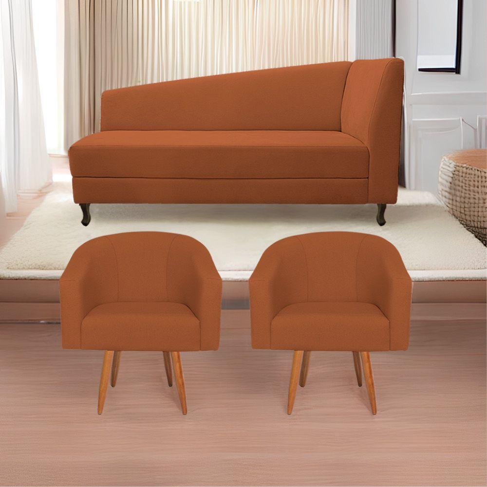 Kit Diva Recamier Heitor 185cm Lado Esquerdo e 02 Poltronas Luiza Suede Terracota - 1