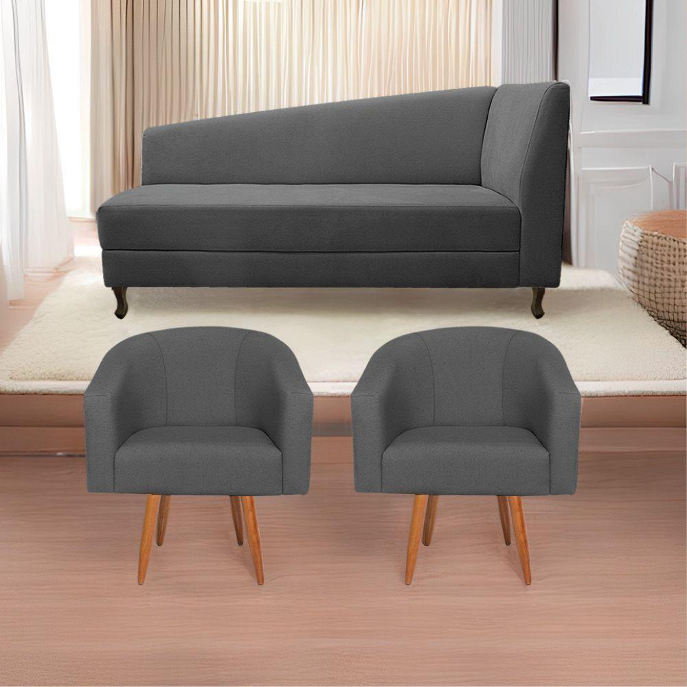 Kit Diva Recamier Heitor 185cm Lado Esquerdo e 02 Poltronas Luiza Linho Cinza escuro - 1