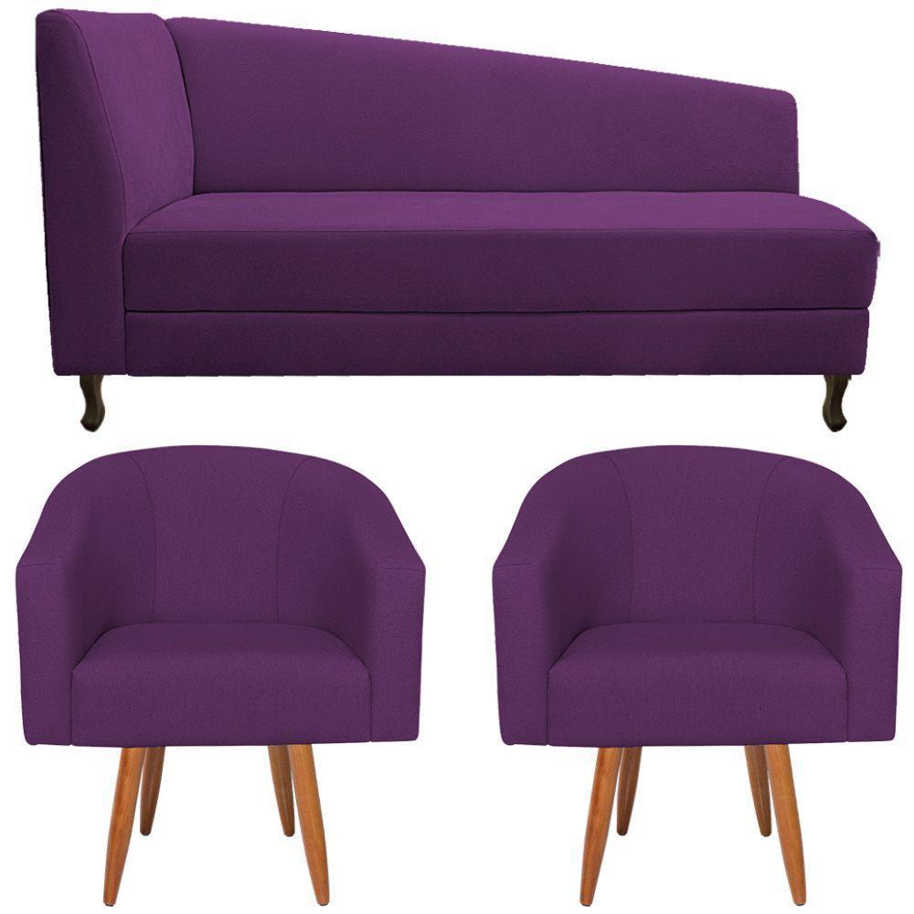 Kit Diva Recamier Heitor 185cm Lado Direito e 02 Poltronas Luiza Suede Roxo - 5