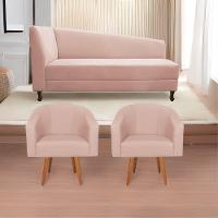 Kit Diva Recamier Heitor 185cm Lado Direito e 02 Poltronas Luiza Suede Rosê - 1