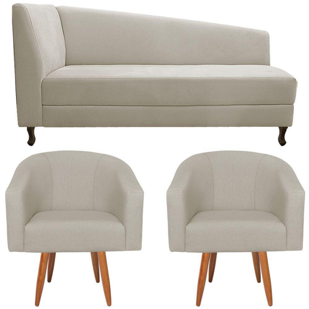 Kit Diva Recamier Heitor 185cm Lado Direito e 02 Poltronas Luiza Linho Bege - 6
