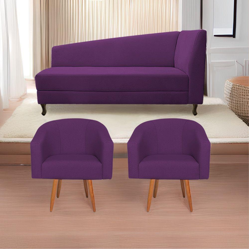 Kit Diva Recamier Heitor 160cm Lado Esquerdo e 02 Poltronas Luiza Suede Roxo - 1