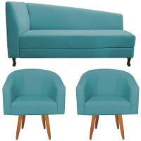 Kit Diva Recamier Heitor 185cm Lado Direito e 02 Poltronas Luiza Suede Azul Turquesa - 6