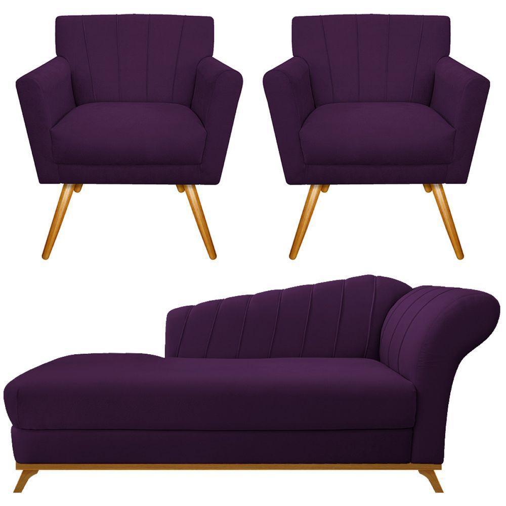 Kit Diva Recamier Vanessa 140Cm Lado Esquerdo E 02 Poltronas Laura Suede Cor Roxo - 1