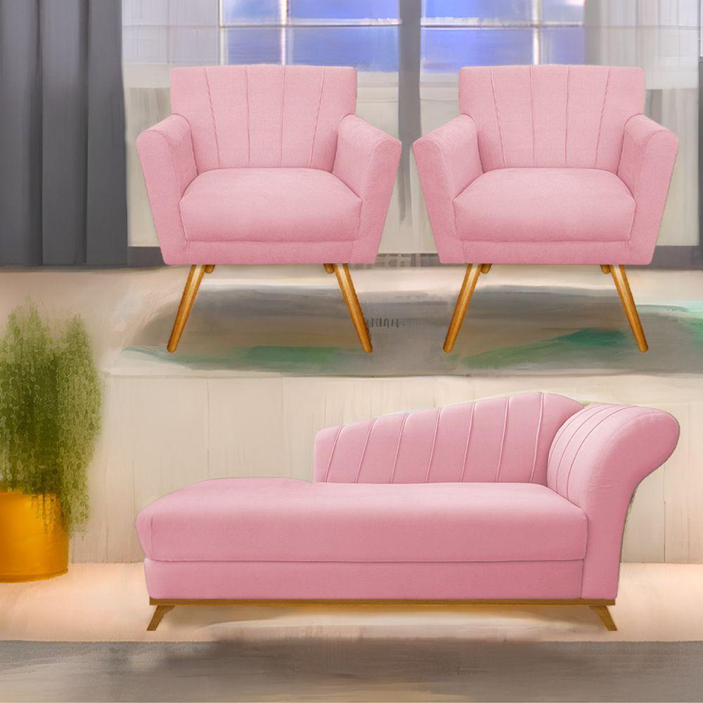 Kit Diva Recamier Vanessa 140Cm Lado Esquerdo E 02 Poltronas Laura Suede Cor Rosabebê - 1