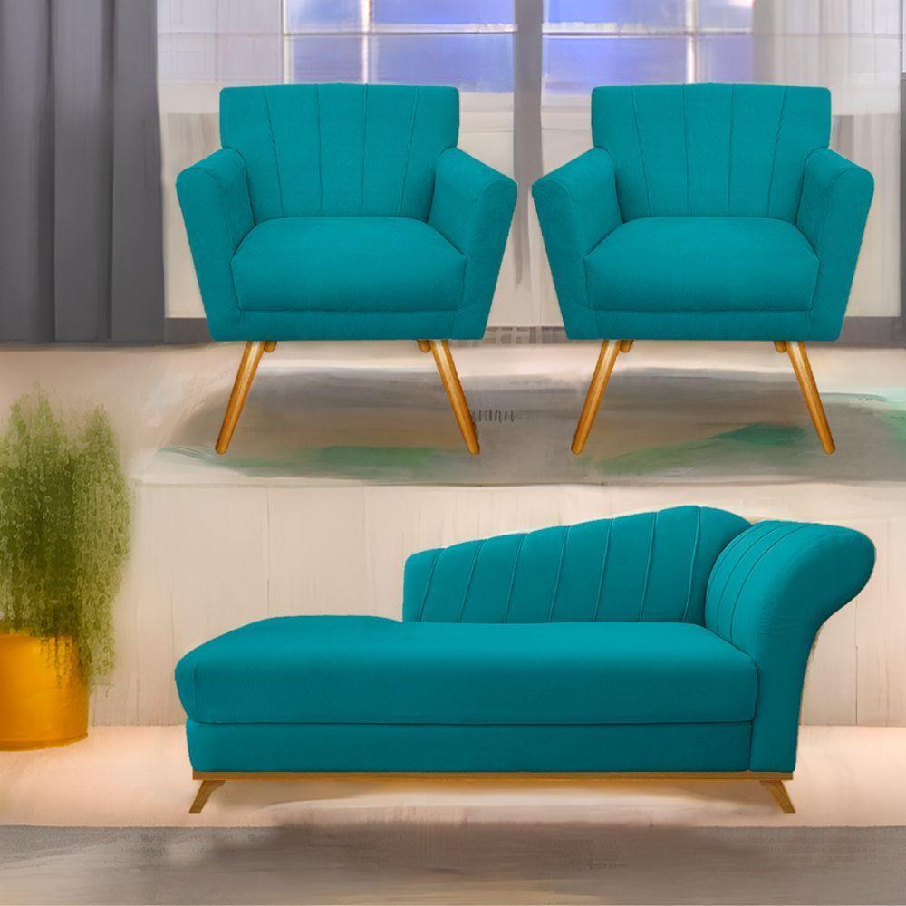 Kit Diva Recamier Vanessa 140Cm Lado Esquerdo E 02 Poltronas Laura Suede Cor Azulturquesa - 1