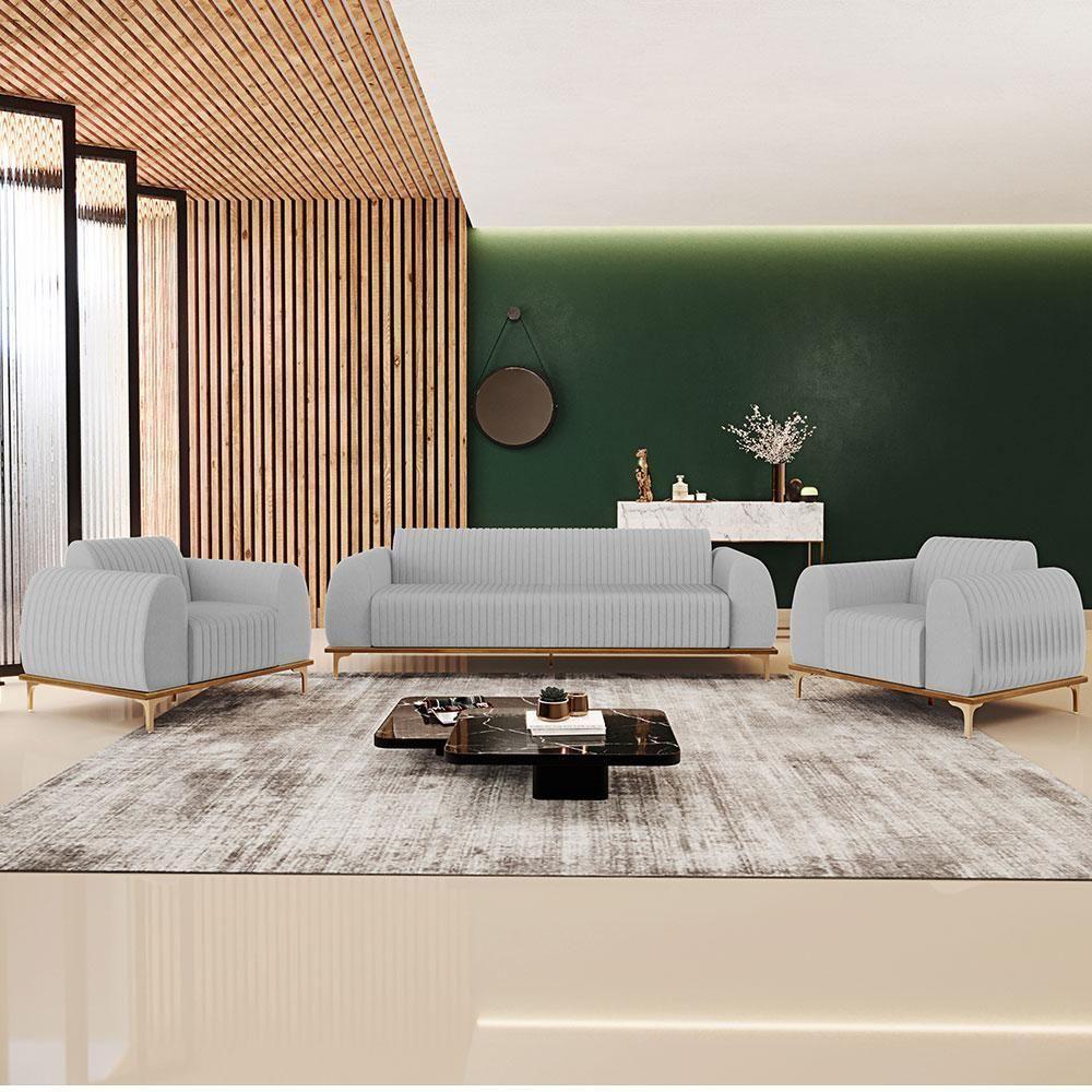 Kit Sofá 3 Lugares 180Cm Com 2 Poltronas Molino Cinza D-315 - 2