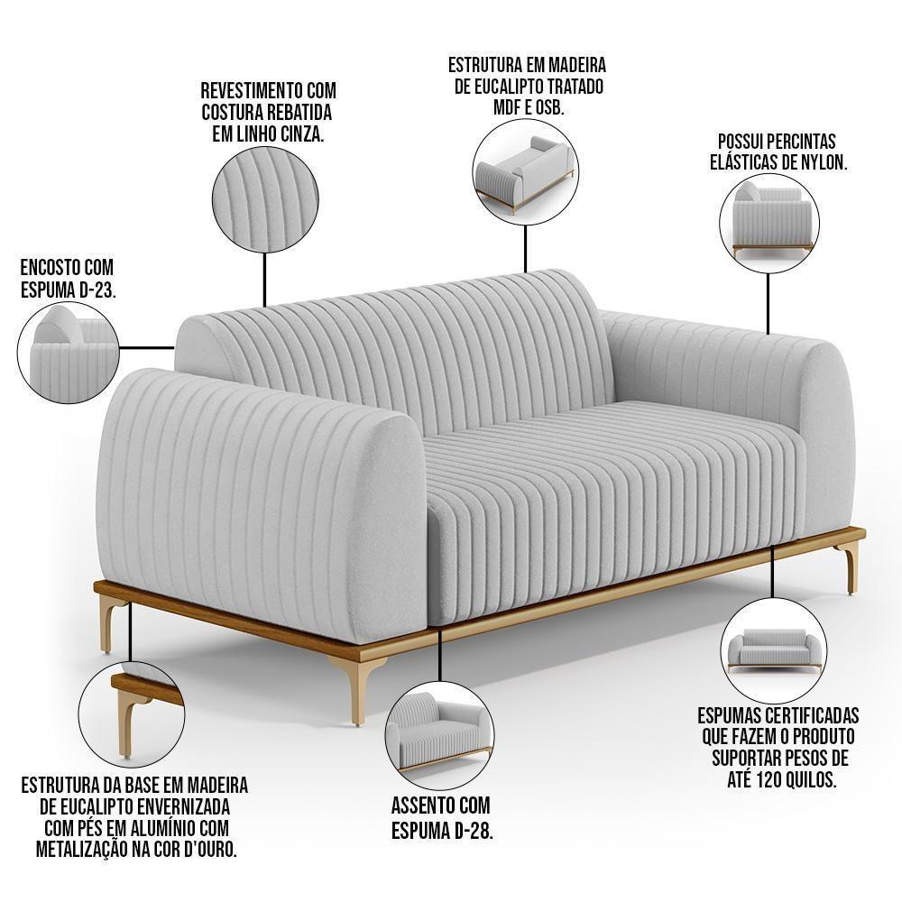 Kit Sofá 3 Lugares 180Cm Com 2 Poltronas Molino Cinza D-315 - 10