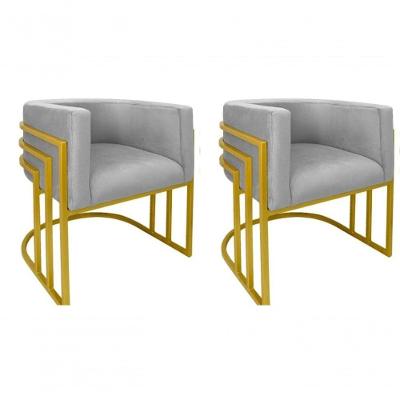 Kit 02 Cadeiras Poltrona Luxo Base De Metal Tripla Dourado Sala De Jantar Cozinha Recepção Veludo Prata Eli Móveis